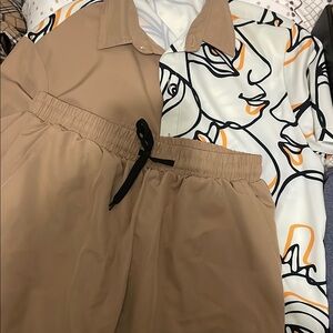 Stylish Tan Two-Piece Set with Abstract Shirt